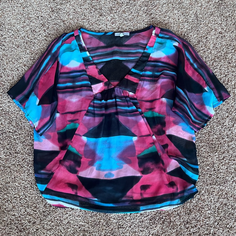 Y2K Vintage Charlotte Russe Flowy Sheer‎ Abstract Multicolor V-Neck Blouse